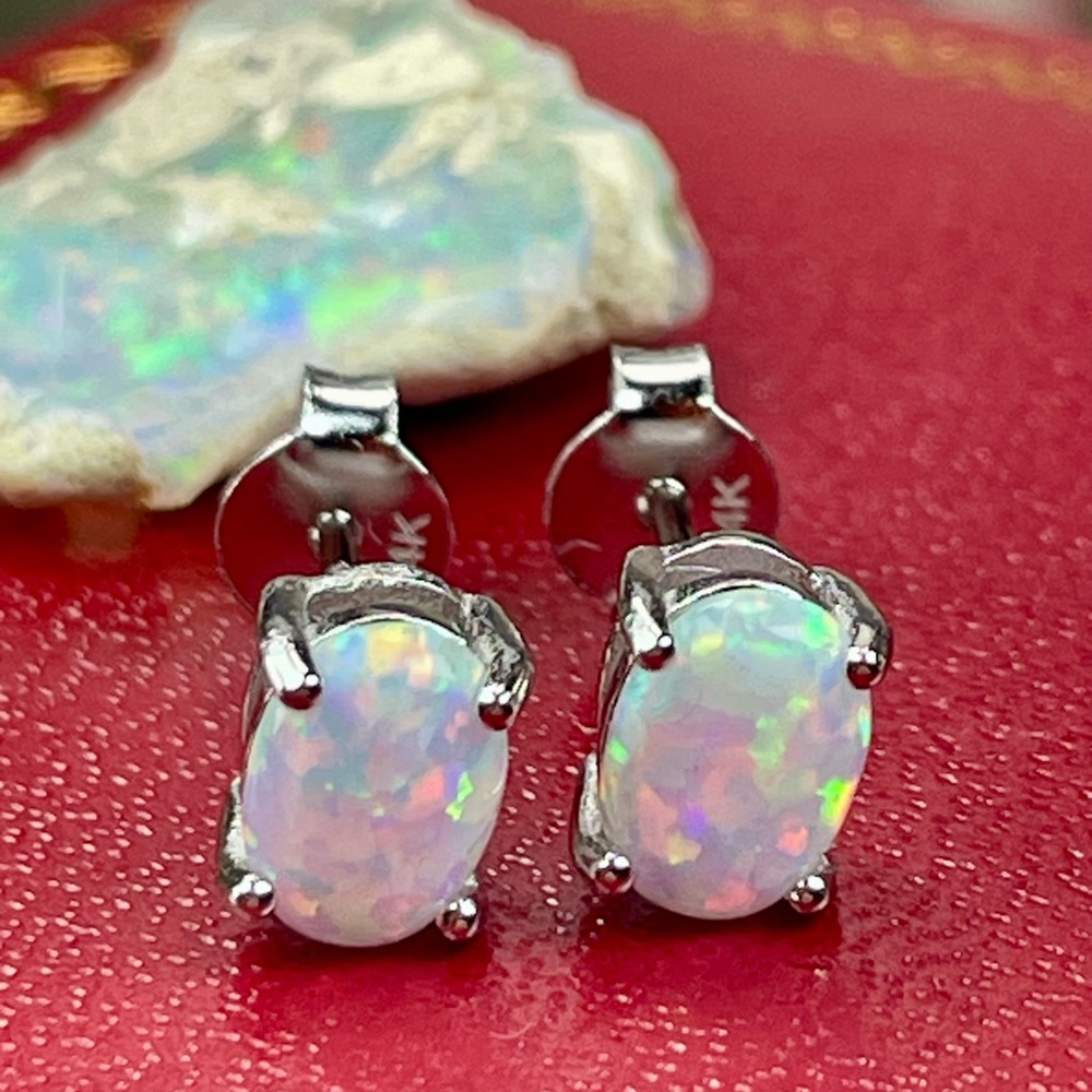 14K 2ct Australian‼️ Opal White Gold Earrings - Picture 8 of 16